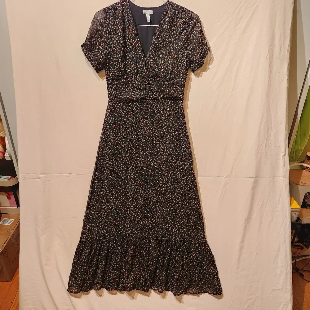 Leith Sz Medium Black Dark Romantic Floral Midi Dress Feminine Date Formal - Picture 3 of 8